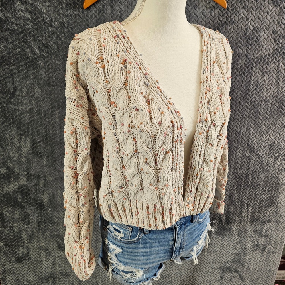 Moon & Madison Women Cream Confetti Cable Knit Cropped Cardigan Sweater XS